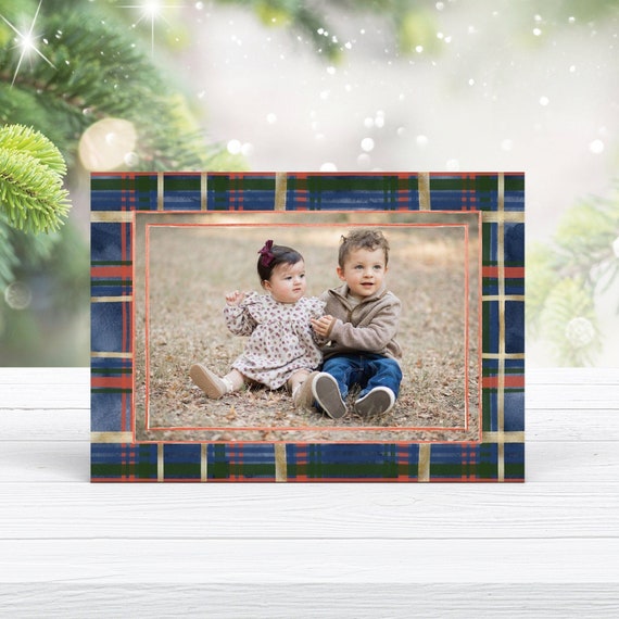 Photo Christmas Card Template, Pink Plaid Christmas Card, Navy Red Green Gold Plaid Holiday Card, Preppy Christmas Card, Instant Download Il_570xn