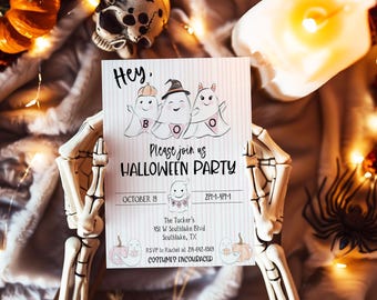 May include: A rectangular Halloween party invitation card with a light pink striped background. The text reads: Hey, Please join us HALLOWEEN PARTY, OCTOBER 19, 2PM-4PM, The Tucker's 451 W Southlake Blvd Southlake, TX, RSVP to Rachel at 214-642-8569, COSTUMES ENCOURAGED. Features illustrations of three ghosts, pumpkins, and a banner spelling BOO.