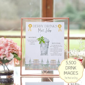 Kentucky Derby Party Cocktail Recipe Cards, Editable Derby Day Party Drink Signs, Mint Julep, Kentucky Mule, Oaks Lily, Old Fashioned, DIY
