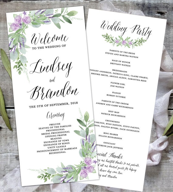 PRINTABLE Wedding Program 4x9, Wedding Program Template, Greenery Wedding Program, Purple Program, Lavender Program Il_570xn