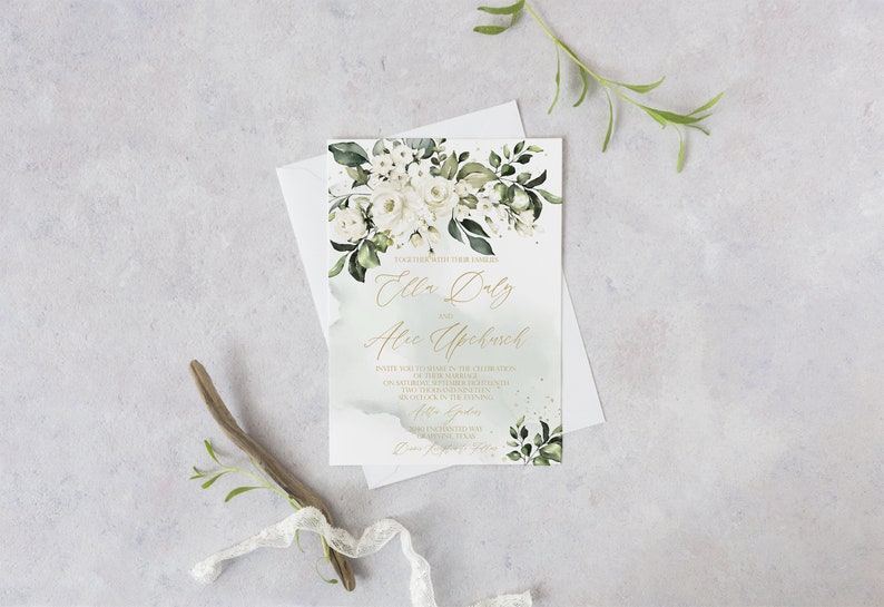 May include: A white wedding invitation with green watercolor floral details and gold lettering. The invitation reads "Ella Daly and Alex Upchurch".