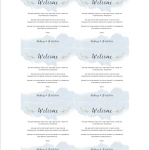 K&ouml;nnte beinhalten: Vier Willkommens-Schilder mit Aquarell-Hintergrund und gr&uuml;nen Bl&auml;ttern. Die Schilder sagen "Willkommen" und beinhalten den Text "Wir freuen uns sehr, dass Sie Teil unseres Hochzeitswochenendes sein k&ouml;nnen! Wir sind beide sehr gl&uuml;cklich, so viel Unterst&uuml;tzung von unserer Familie und unseren Freunden zu erhalten. Vielen Dank, dass Sie sich so viel M&uuml;he geben, diese besondere Zeit mit uns zu feiern. Liebe, Audrey & Nicholas."