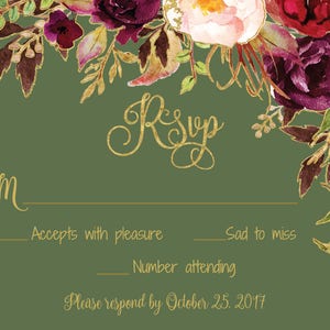 Wedding Invitation Template Printable / Editable DIY Floral Watercolor Wedding Green / Gold / Burgundy / Marsala / Wine / Blush Rustic image 5
