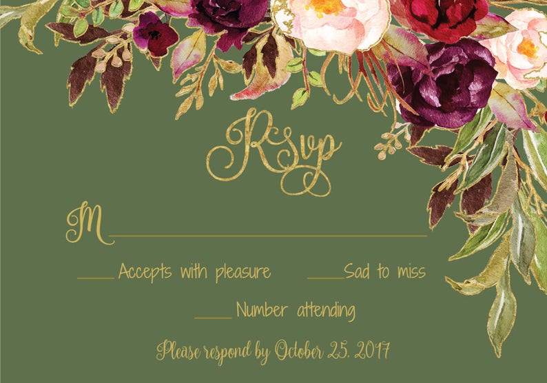 Wedding Invitation Template Printable / Editable DIY Floral Watercolor Wedding Green / Gold / Burgundy / Marsala / Wine / Blush Rustic image 5