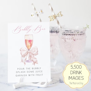 Bubbly Bar Schild Rosa Bogen Vorlage, bearbeitbare Mimosa Getränkekarte, Momosa Bar Babypartyschild, Kokette Champagner Schild, enthält Saftetiketten