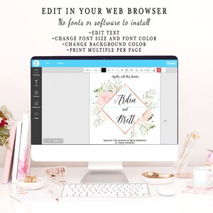 May include: A computer screen displaying a wedding invitation template with a pink and green floral design. The text on the invitation reads "Together with their families, Arden and Brett, Request the honor of your presence at their wedding."