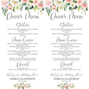 May include: A wedding dinner menu with a floral design. The menu includes starters, main course, dessert, and a thank you message for Isabelle and Andrew. The date is July 20, 2019.