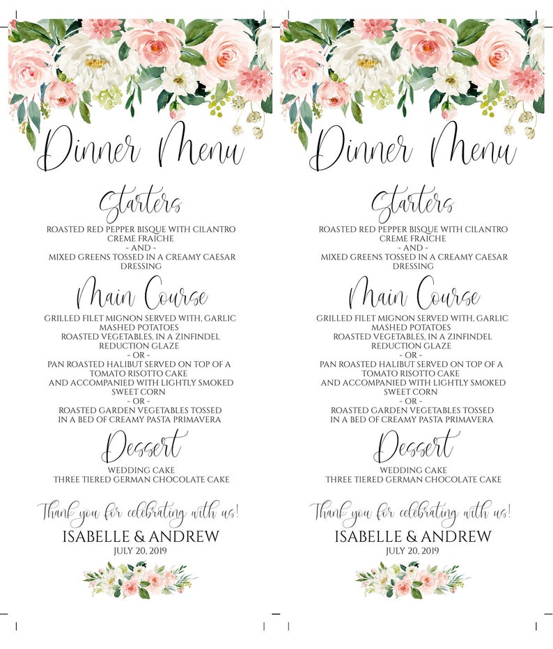 May include: A wedding dinner menu with a floral design. The menu includes starters, main course, dessert, and a thank you message for Isabelle and Andrew. The date is July 20, 2019.