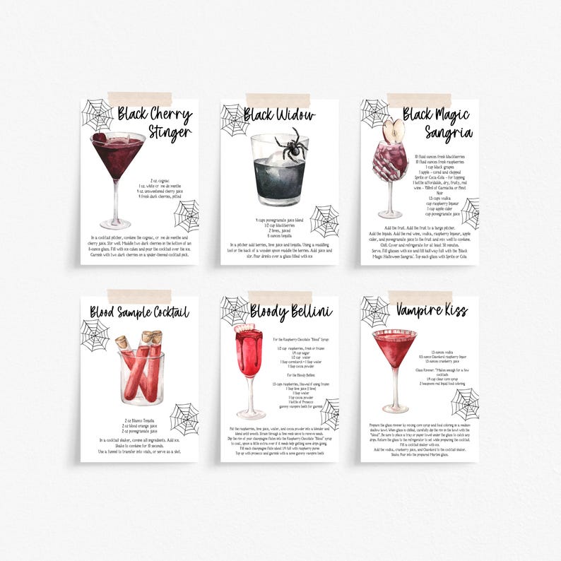 Op de afbeelding: Zes printbare receptkaarten voor Halloween-cocktails. Elke kaart bevat een griezelige illustratie van een cocktail en bevat de naam van de drank, een lijst met ingredi&euml;nten en instructies. De dranken omvatten Black Cherry Stinger, Black Widow, Black Magic Sangria, Blood Sample Cocktail, Bloody Bellini en Vampire Kiss.