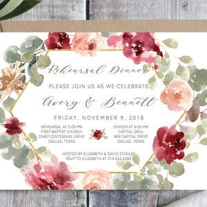 PRINTABLE Wedding Rehearsal Dinner Invitation Template, Rustic Floral Rehearsal Dinner Template, Marsala, Blush Pink, Gold Geometric Dinner
