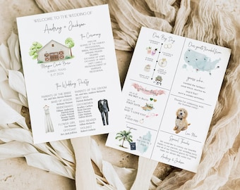 Pode incluir: Dois leques de programa de casamento com cabos de madeira apresentando detalhes impressos para Audrey e Jackson. Os designs incluem uma ilustração de celeiro, lista de convidados, cronograma, mapa e um gráfico de um cão.