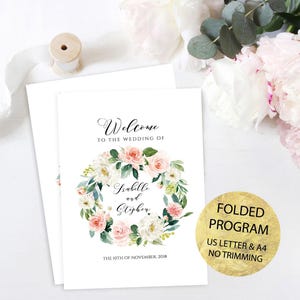 Blush Pink Floral Wedding Program Template: Boho Greenery (DIY Editable)