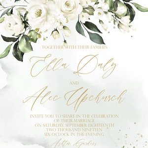 May include: Wedding invitation with white flowers and green leaves. The invitation is for Ella Daly and Alec Upchurch, and it states the wedding will be held on Saturday, September 18th, 2019 at 6:00 PM at Ashton Gardens, 2040 Enchanted Way, Grapevine, Texas.