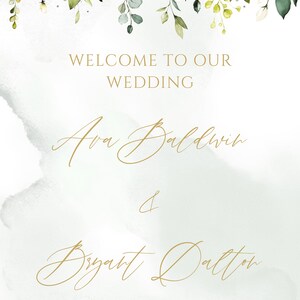 May include: A wedding announcement with white flowers and greenery at the top. The text reads "Welcome to our wedding Ava Baldwin & Bryant Dalton May 22, 2021".