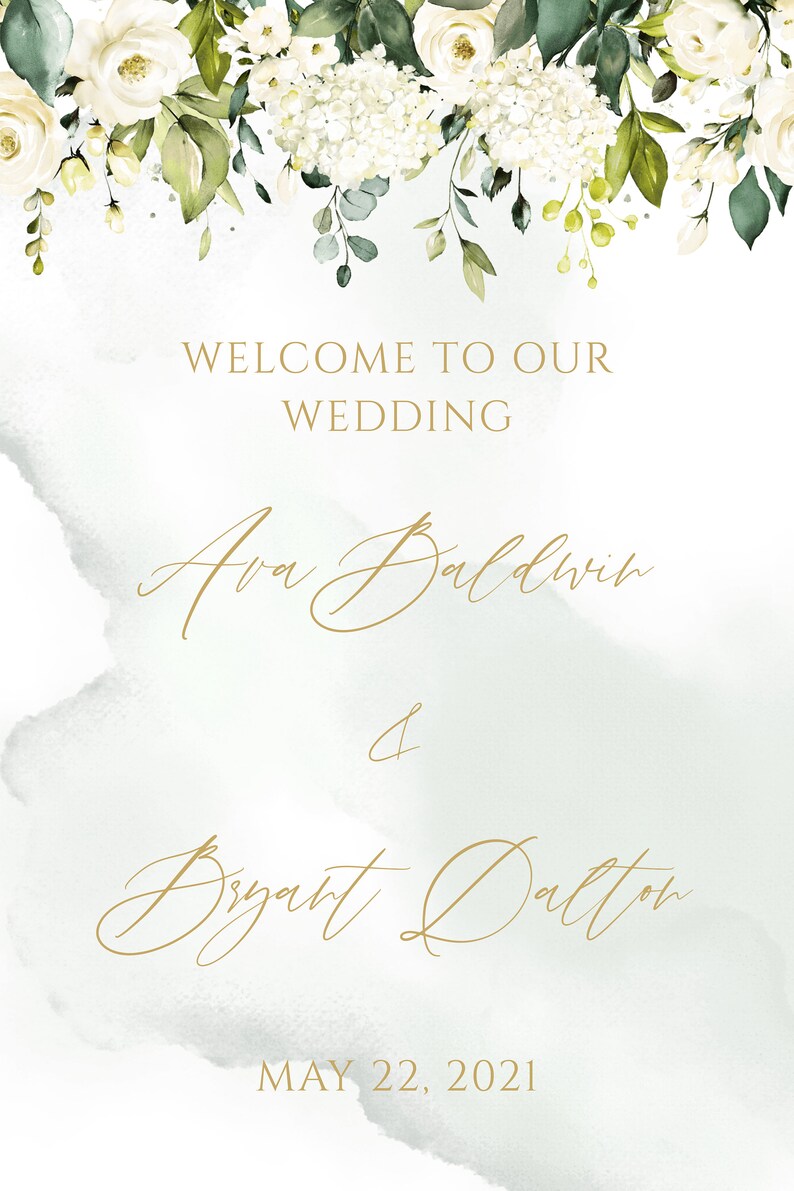 May include: A wedding announcement with white flowers and greenery at the top. The text reads "Welcome to our wedding Ava Baldwin & Bryant Dalton May 22, 2021".