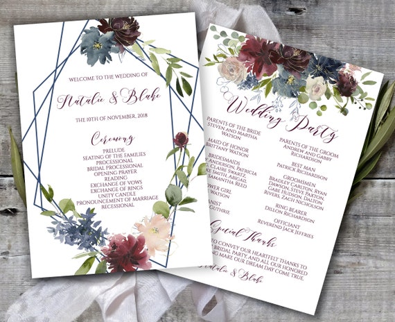 printable wedding program marsala navy gold wedding program
