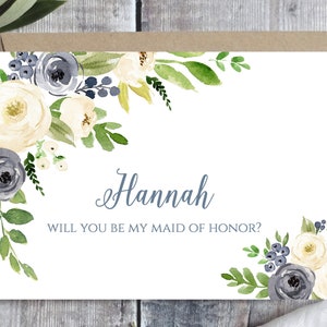 Bridesmaid proposal card Template, Will you be my bridesmaid Printable, Personalized, Dusty Blue floral card, Bridesmaid card gift box