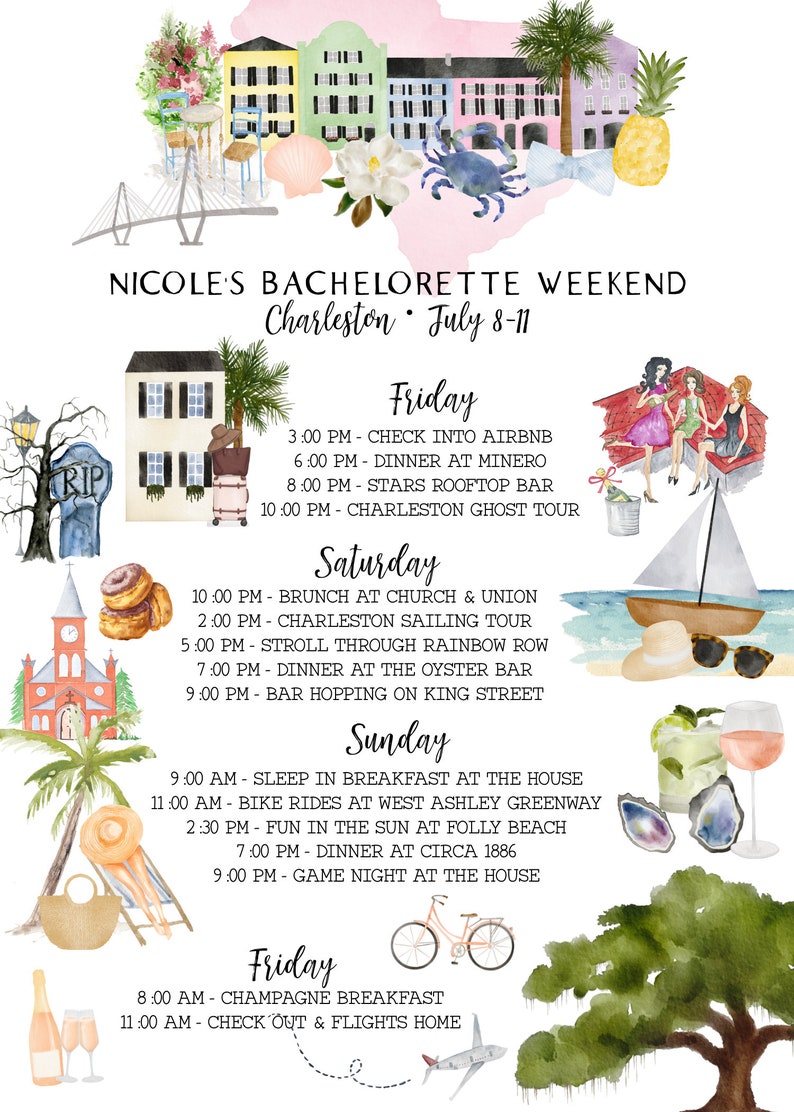Bachelorette Weekend Itinerary Charleston Template Printable - Etsy