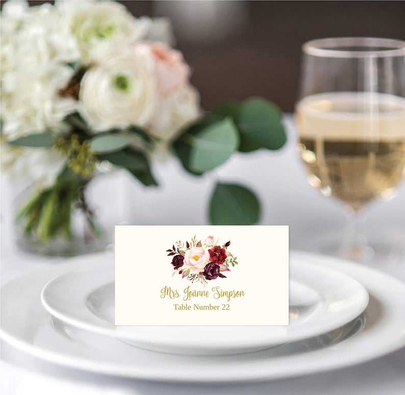 Place cards Template Printable / Editable Fall Floral Watercolor Wedding Gold / Cream / Burgundy / Marsala / Wine Rustic Name Cards image 1
