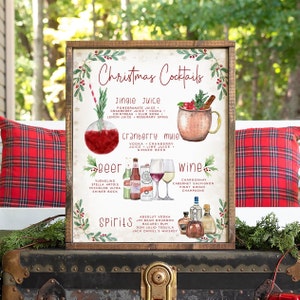 Signo de bebida de fiesta navideña, plantilla de menú de barra de Navidad, plantilla de signo de menú de bebidas de cono de pino, signo de bebidas exclusivas, signo de barra de decoración de fiesta