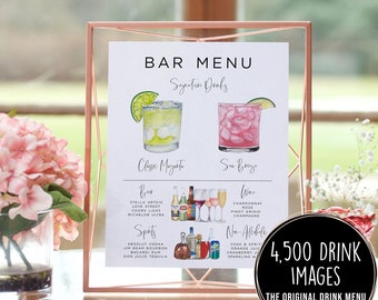Modèle de menu de bar, modèle de menu de boissons modifiable moderne, menu de bar imprimable minimaliste, panneau de boissons signature, plus de 4 000 images de boissons, verdure