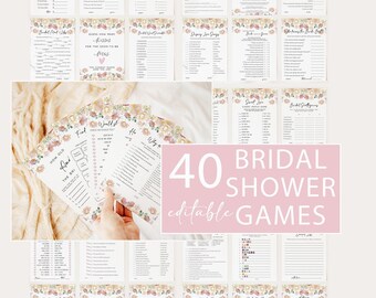 May include: A collection of 40 printable bridal shower game cards featuring a floral border design with pink and peach flowers. The cards include various activities like trivia, word scrambles, and guessing games with text headers such as The Price is Right, Bridal Bingo, and How Old Were They.