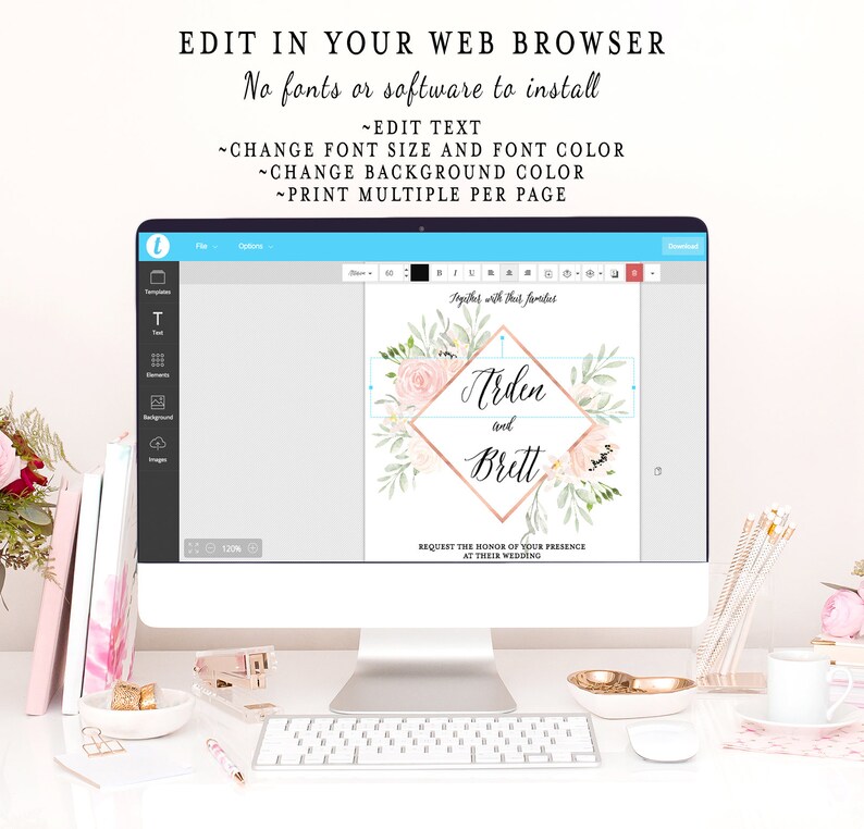 May include: A computer screen displaying a wedding invitation template with a pink and green floral design. The text on the invitation reads "Together with their families, Arden and Brett, Request the honor of your presence at their wedding."