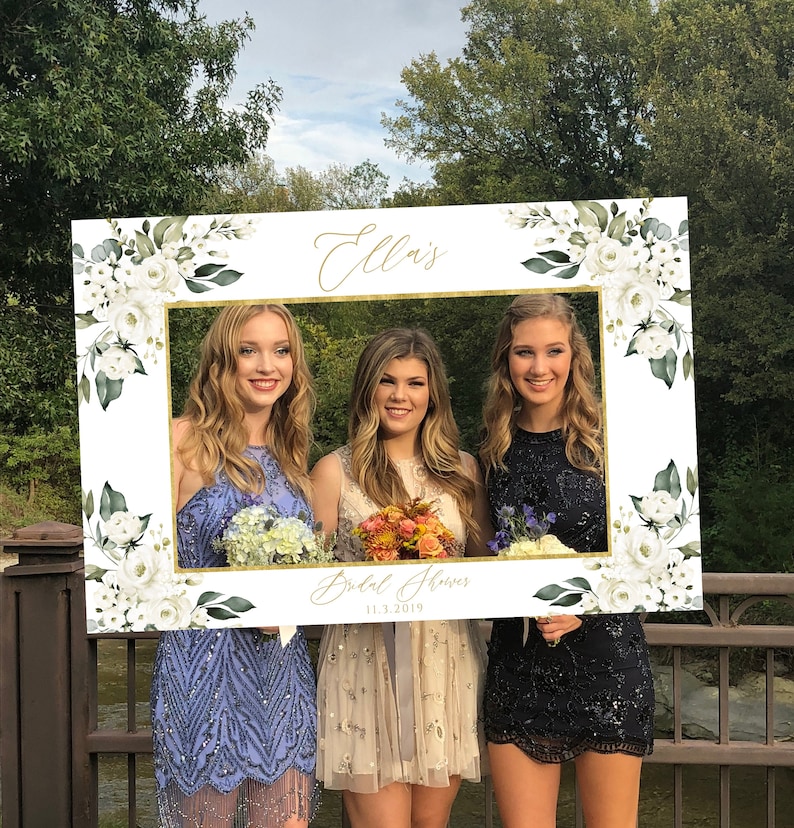 Bridal Shower Photo Prop Frame Printable Template, Greenery Wedding, Hen Party Photo Booth Frame, White Floral Gold Frame, DIY Party Frame image 1