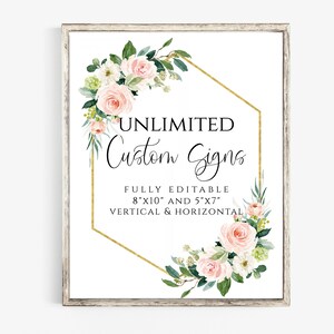 Może przedstawiać: Drukowana tabliczka z złotą sześciokątną ramą i r&oacute;żowo-białym wzorem kwiatowym. Tekst brzmi "UNLIMITED Custom Signs FULLY EDITABLE 8"X10" AND 5"X7" VERTICAL & HORIZONTAL".