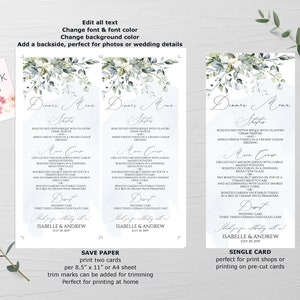 May include: Printable wedding menu cards with a watercolor floral design in shades of green and blue. The text reads "Dinner Menu" and includes a sample menu with appetizers, main course, and dessert. The cards are available in two sizes: save paper and single card.