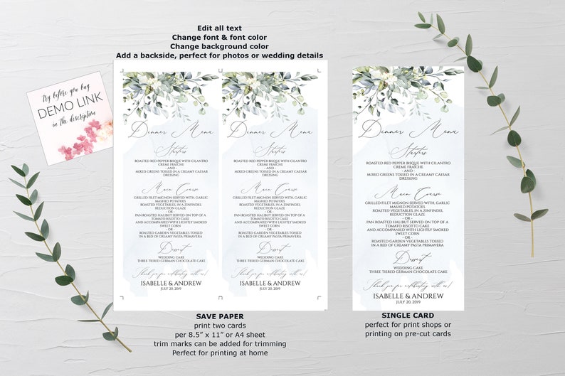 May include: Printable wedding menu cards with a watercolor floral design in shades of green and blue. The text reads "Dinner Menu" and includes a sample menu with appetizers, main course, and dessert. The cards are available in two sizes: save paper and single card.