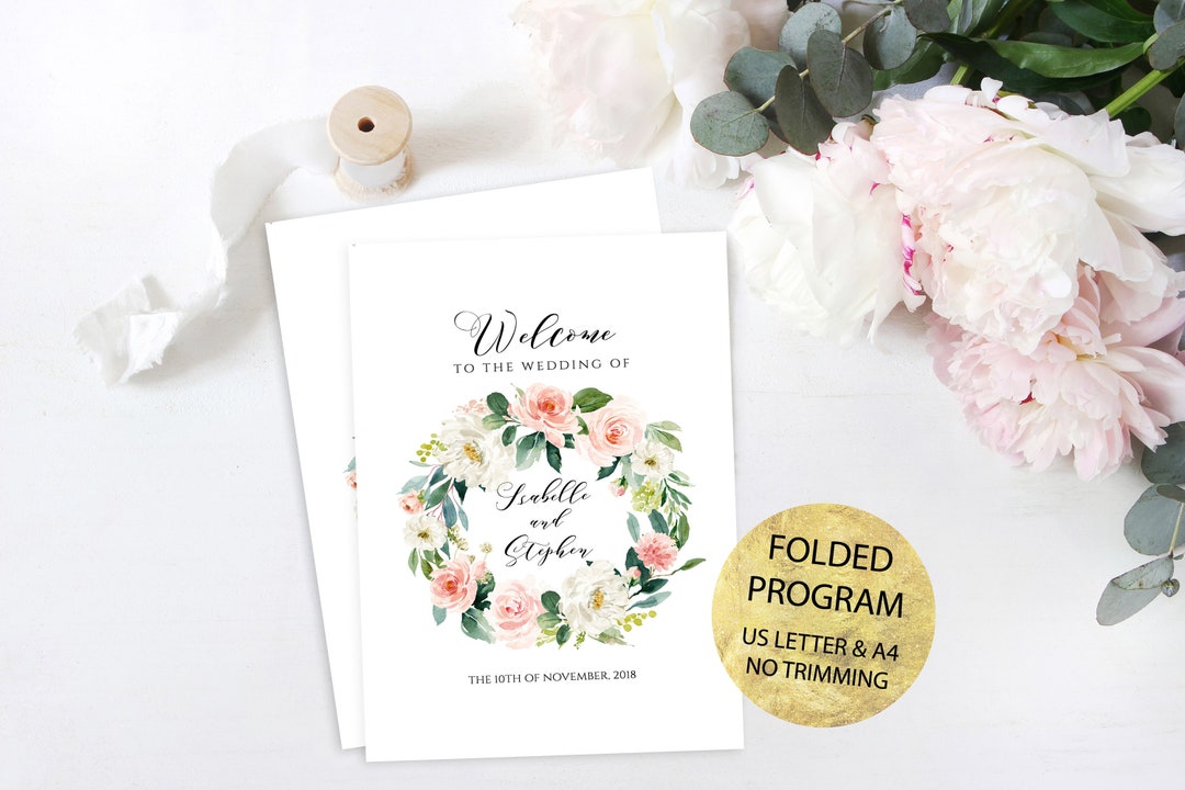 Printable Blush Pink Floral Greenery Folded Wedding Program Template ...