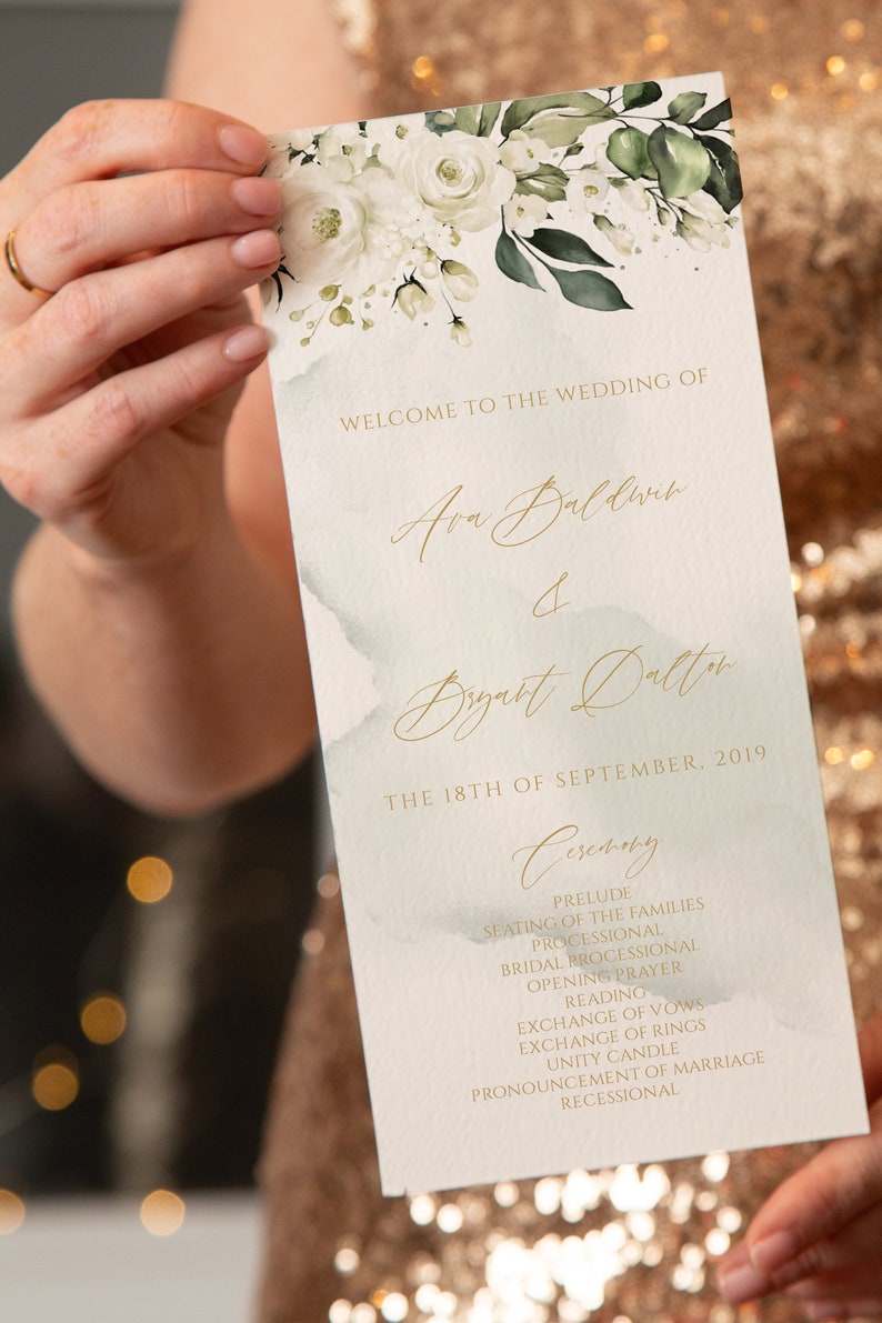 May include: Wedding ceremony program with white flowers and green leaves on a watercolor background. The program lists the order of events for the wedding of Ava Baldwin and Bryatt Dalton on September 18, 2019.