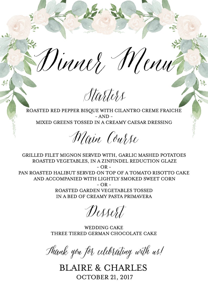 5x7 Greenery Wedding Menu PRINTED Wedding Menu Green and Cream Menu Botanical Wedding Menu Rustic Menu Floral Wedding Menu