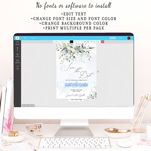 May include: A computer screen displaying a wedding save the date template with a watercolor floral design. The text on the template reads "Save the Date" and includes the names "Ann & John" and the date "Saturday, May 8, 2020".