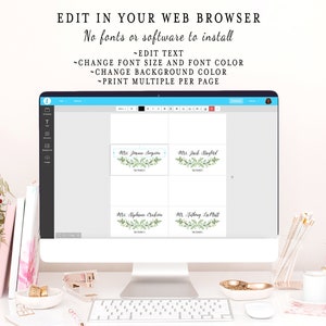 K&ouml;nnte beinhalten: Ein Computerbildschirm zeigt eine Website mit einer Vorlage f&uuml;r druckbare Platzkarte. Die Platzkarte zeigt ein gr&uuml;nes Blattdesign und den Text "Mrs. Jeanne Singette", "Mrs. Jack Stanford", "Ms. Nyhane Crukshm" und "Mr. Tathay La PMill". Der Text auf dem Bildschirm lautet "Bearbeiten Sie in Ihrem Webbrowser. Keine Schriftarten oder Software zu installieren. ~Text bearbeiten ~Schriftgr&ouml;&szlig;e und Schriftfarbe &auml;ndern ~Hintergrundfarbe &auml;ndern ~Mehrere pro Seite drucken".