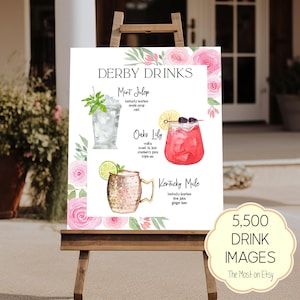Kentucky Derby Drink Sign Template, Editable Derby Day Party Drink Menu, Mint Julep, Kentucky Mule, Oaks Lily Cocktails Sign, Pink Roses