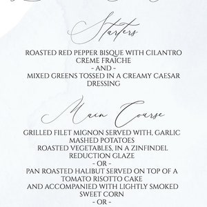 May include: A wedding menu with a watercolor floral design in shades of blue and green. The menu lists the starters, main course, and dessert options. The text at the bottom reads "Thank you for celebrating with us! Isabelle & Andrew July 20, 2019".