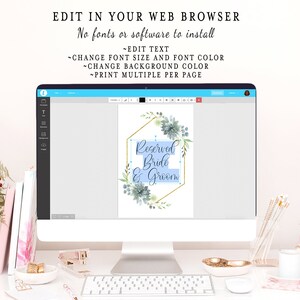 May include: A computer screen displaying a digital template for a wedding sign. The sign is a hexagonal frame with a light blue background and gold accents. The text on the sign reads "Reserved Bride & Groom".
