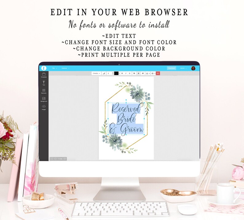 May include: A computer screen displaying a digital template for a wedding sign. The sign is a hexagonal frame with a light blue background and gold accents. The text on the sign reads "Reserved Bride & Groom".