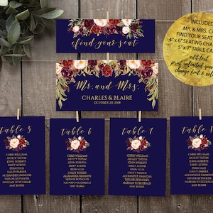 Modello di carte per posti a sedere per matrimoni, carte per grafici per posti a sedere stampabili per matrimoni, marsala, blu marino, rosa cipria, carta per posti a sedere bordeaux, carte da tavolo