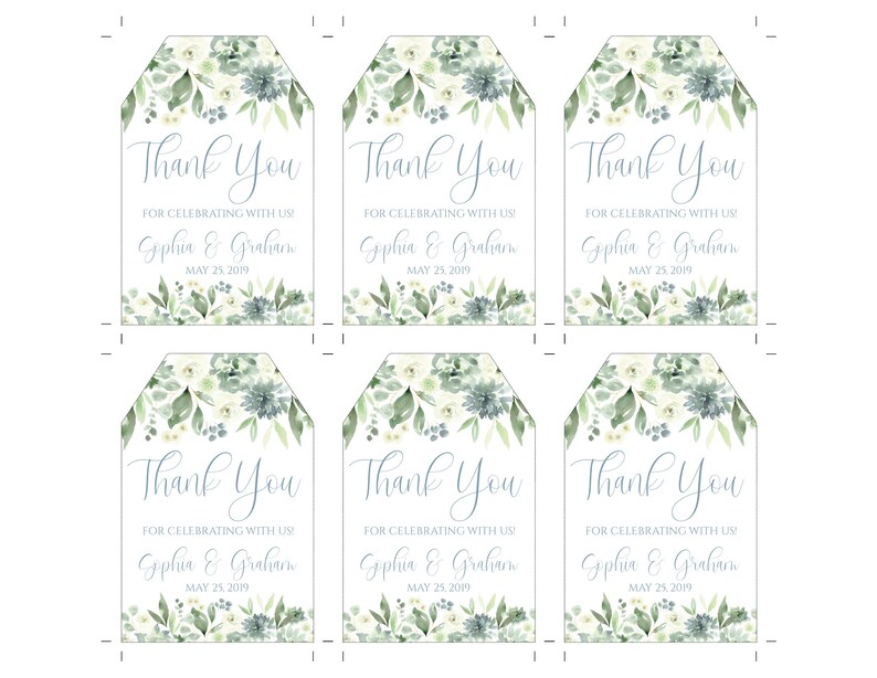 May include: Six white wedding favor tags with a watercolor design of green leaves and blue flowers. The text on the tags reads "Thank You" with the names "Gophia & Graham" and the date "May 25, 2019".