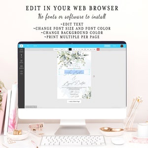 May include: A computer screen displaying a wedding invitation template with a watercolor design of eucalyptus leaves and flowers. The invitation is customizable with text, font size, font color, background color, and can be printed multiple times per page.