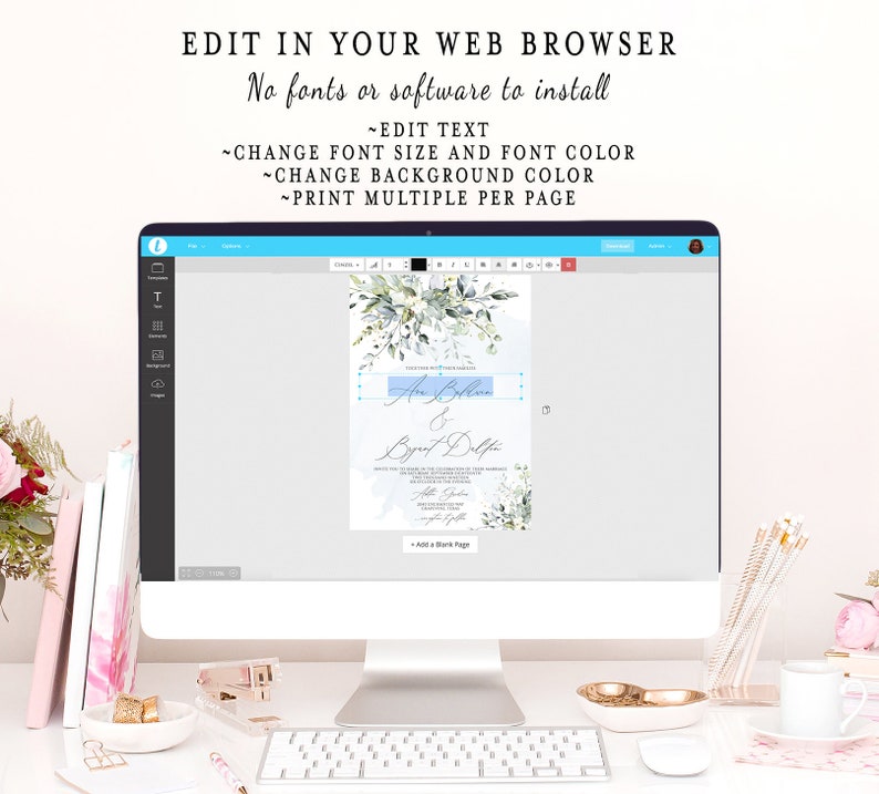May include: A computer screen displaying a wedding invitation template with a watercolor design of eucalyptus leaves and flowers. The invitation is customizable with text, font size, font color, background color, and can be printed multiple times per page.