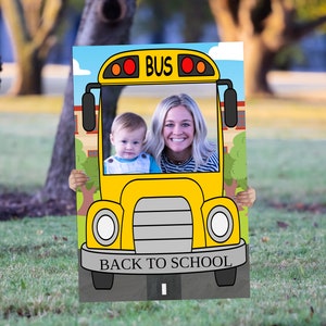 School Bus Photo Prop Frame Template, Kid&#39;s Birthday Party Photo Prop, School Theme Decor, Selfie Frame, Back To School Editable Frame, DIY