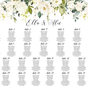 May include: A white wedding seating chart with floral decorations at the top. The chart lists tables 1 through 30 with guest names for each table.