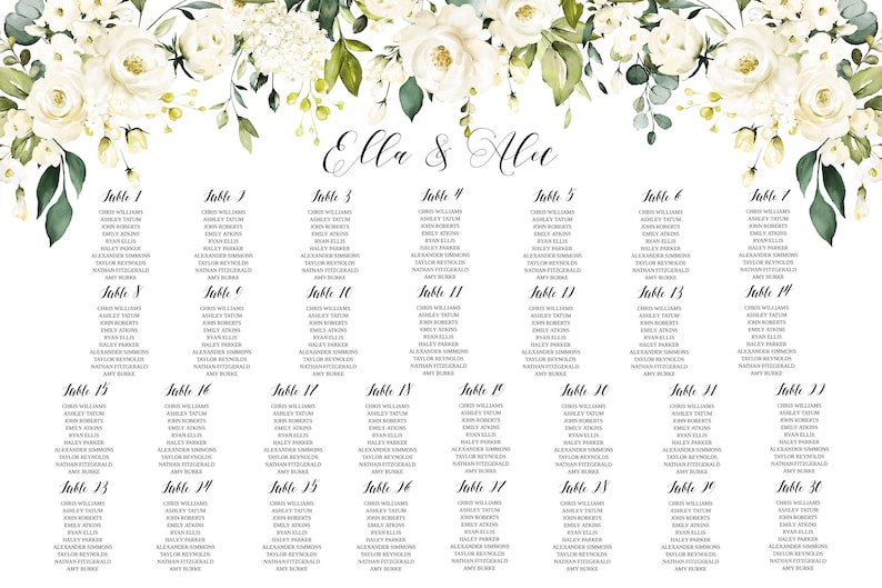 May include: A white wedding seating chart with floral decorations at the top. The chart lists tables 1 through 30 with guest names for each table.