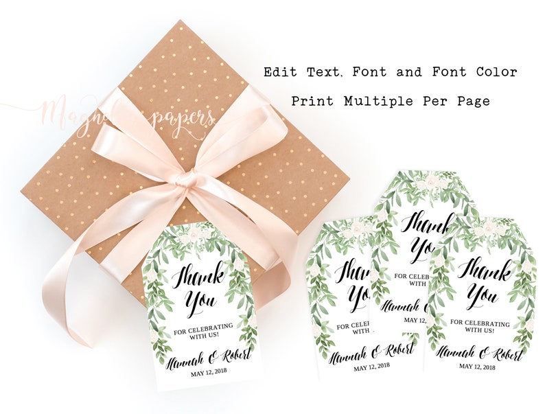 May include: A kraft paper gift box with a light pink ribbon and a set of thank you tags. The tags have a floral design with the words "Thank You" and event details. Text on the image: Edit Text, Font and Font Color, Print Multiple Per Page.