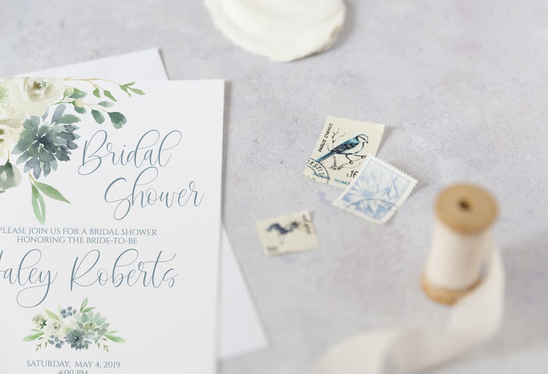 Succulent Printed Bridal Shower Invitation, Dusty Blue Floral Bridal Shower Invitation, Rustic Bridal Shower Invitation, Boho Bridal Shower image 2