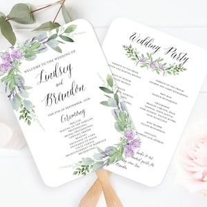 May include: Wedding ceremony program with a floral design featuring purple flowers and green leaves. The program includes the names Lindsey and Brandon, the date September 5th, 2018, and the order of the ceremony.